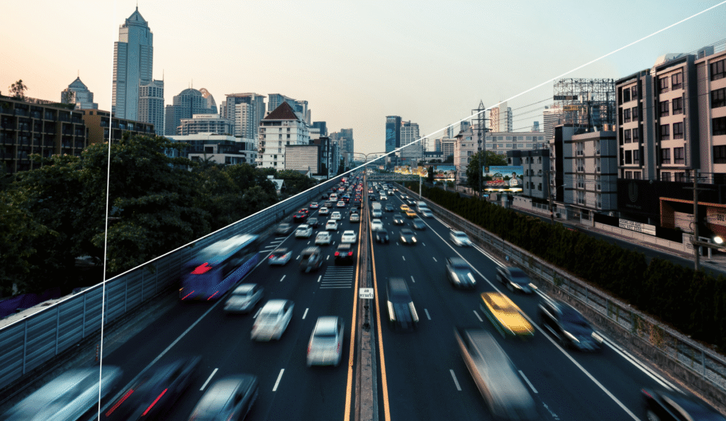 Example of heavy urban traffic with implementation of resilient transportation infrastructure and smart traffic management technologies