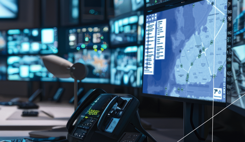 Control room with digital screens and city map interface — showcasing smart monitoring and resilience technologies in action