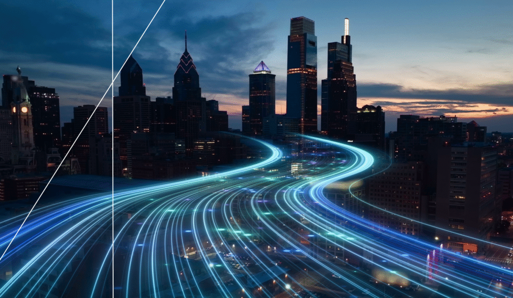 Smart city skyline with illuminated data flow lines symbolizing digital connectivity and innovation.