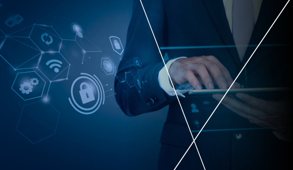 Business professional using a digital tablet with cybersecurity, connectivity, and smart city technology icons visualized on a blue interface background.